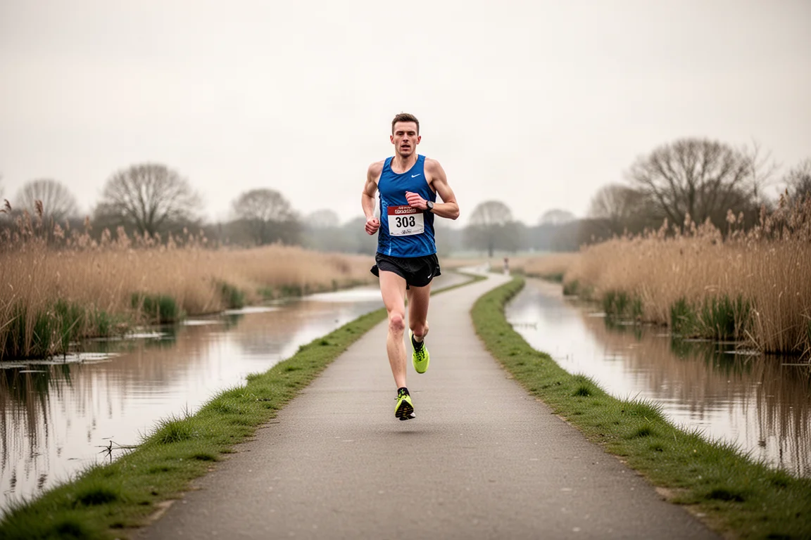 Runner che attraversa un argine di canale su un percorso di mezza maratona piatto e veloce