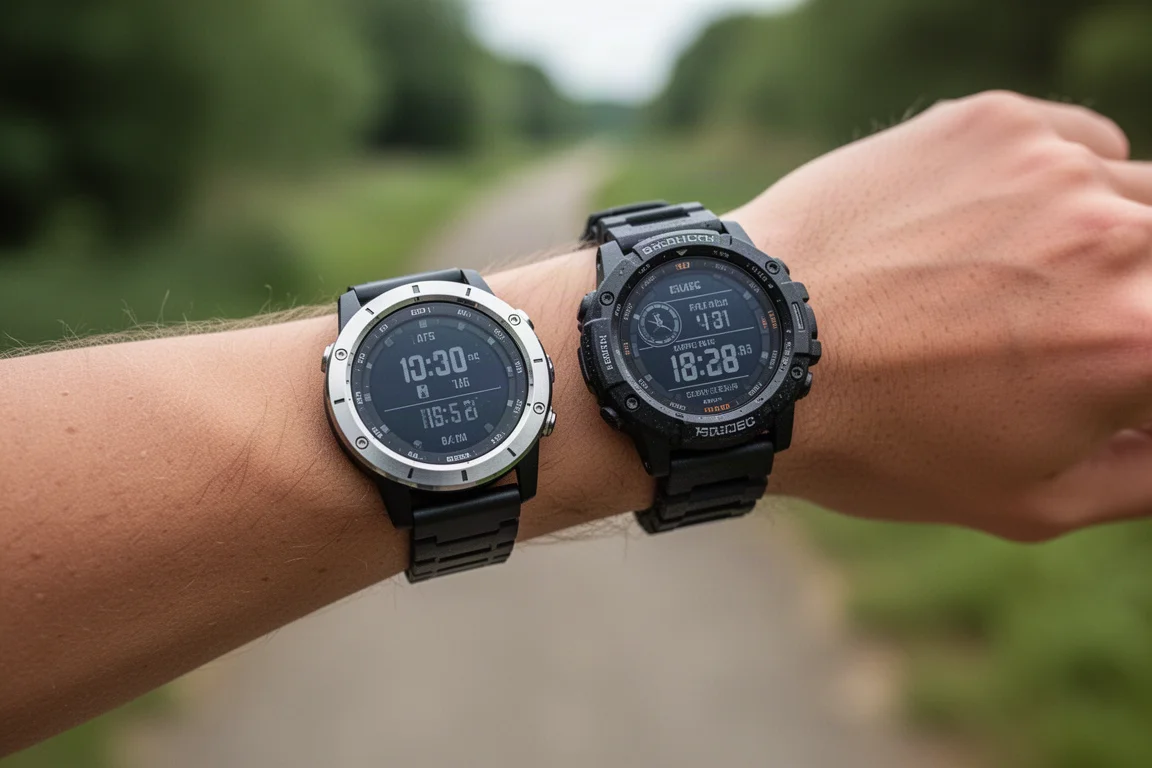 Due orologi sportivi affiancati che registrano una corsa