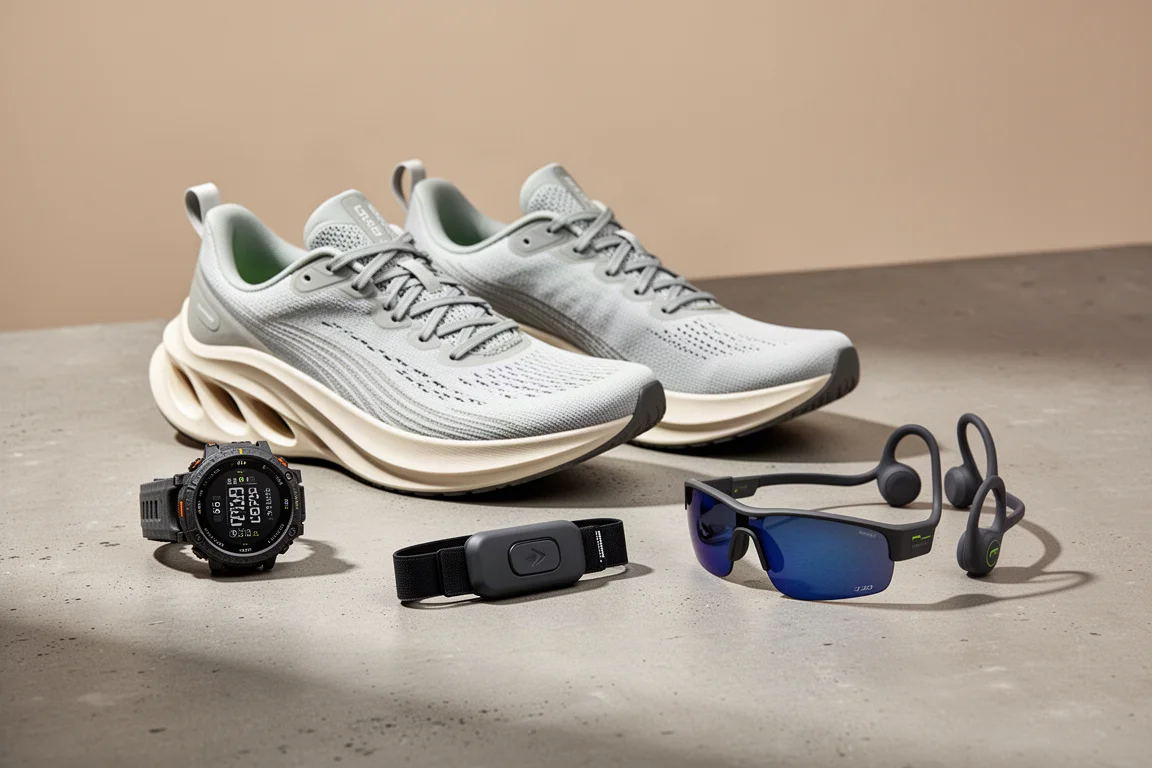 Running gear collection including racing shoes, watch, heart rate strap, sunglasses and headphones on concrete