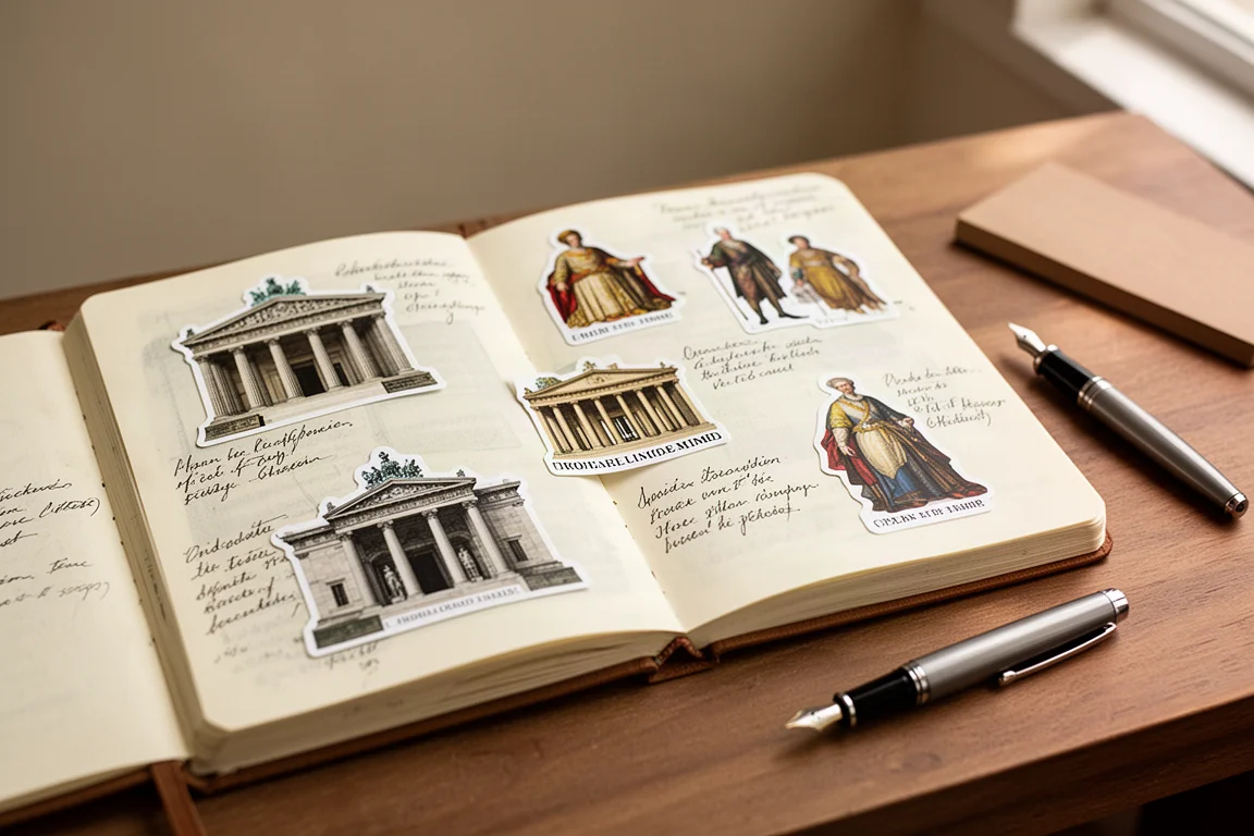 Otwarty art journal z ozdobnymi naklejkami w tematyce studiowania