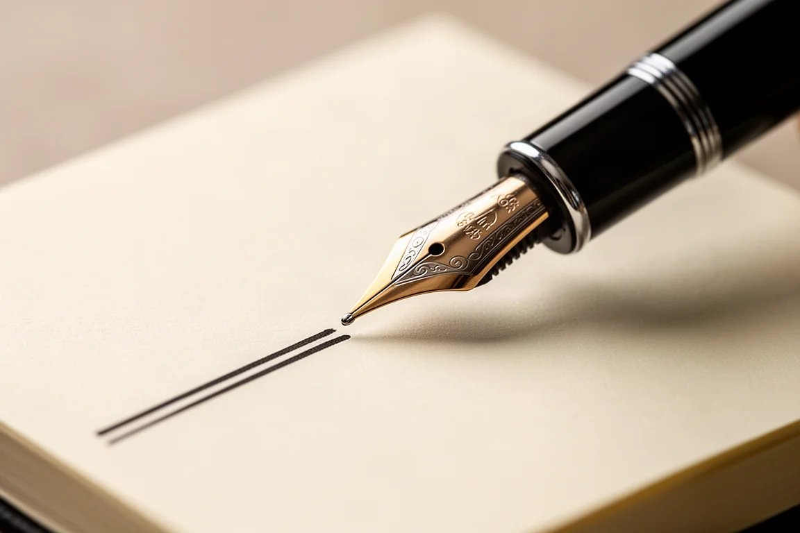 Caneta-tinteiro escrevendo linhas de tinta fluidas sobre papel creme de diário