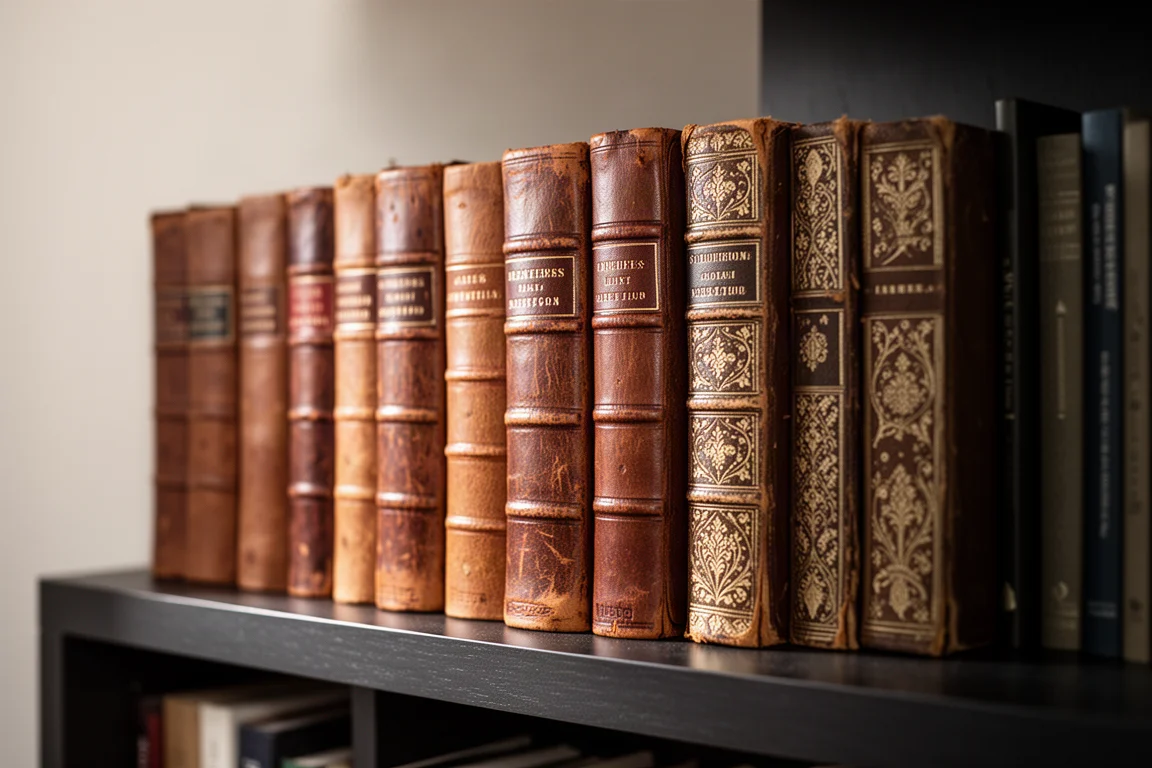 Fileira de diários encadernados em couro dispostos em uma estante de livros