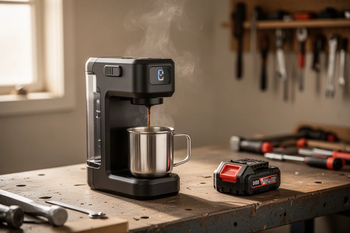 Cordless coffee maker brewing into a metal mug on a workbench