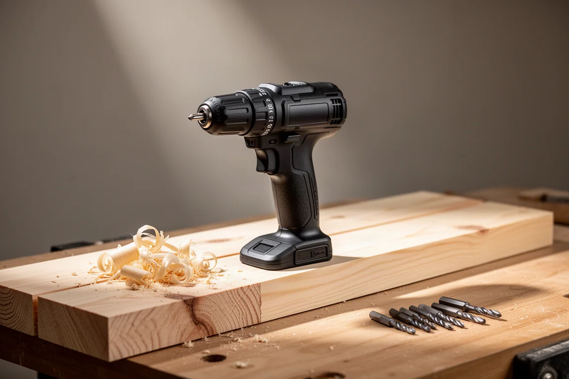 Cordless drill resting on raw pine boards in a workshop