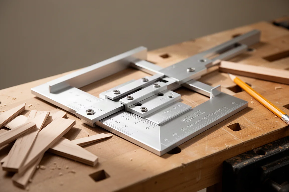 Anodized aluminum adjustable square laid on a woodworking bench
