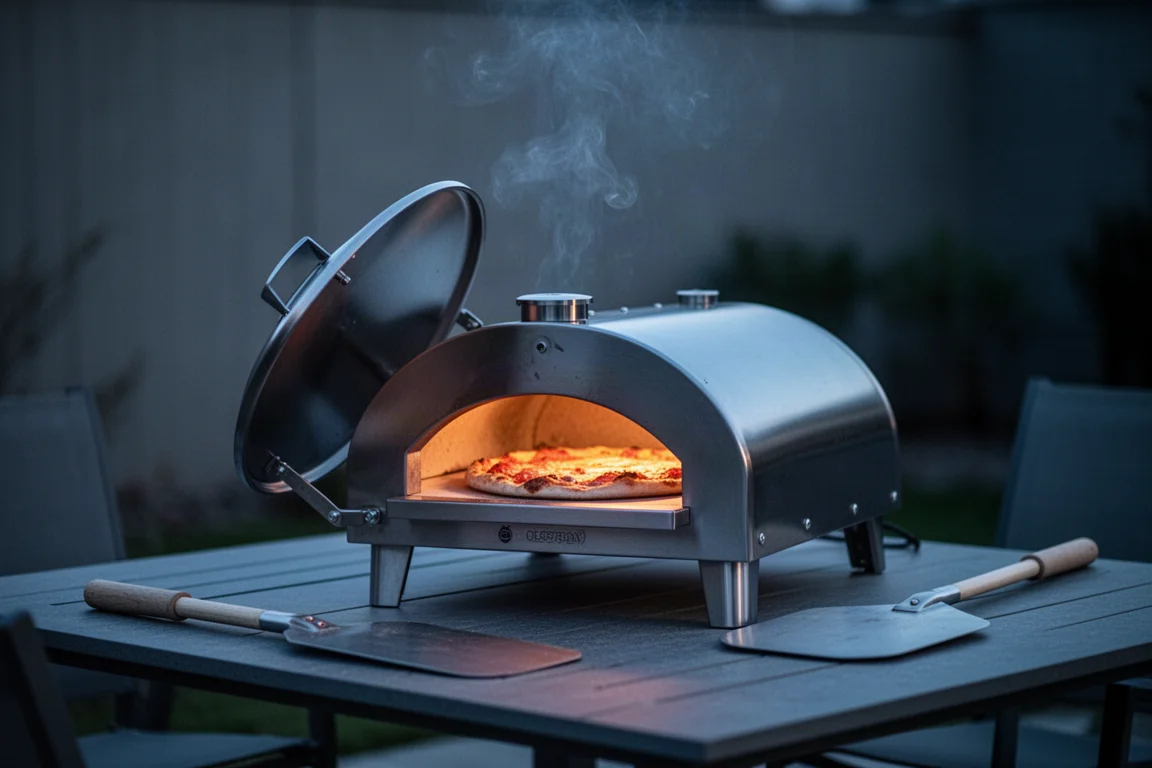 Stainless steel pellet pizza oven glowing warmly on a patio at dusk