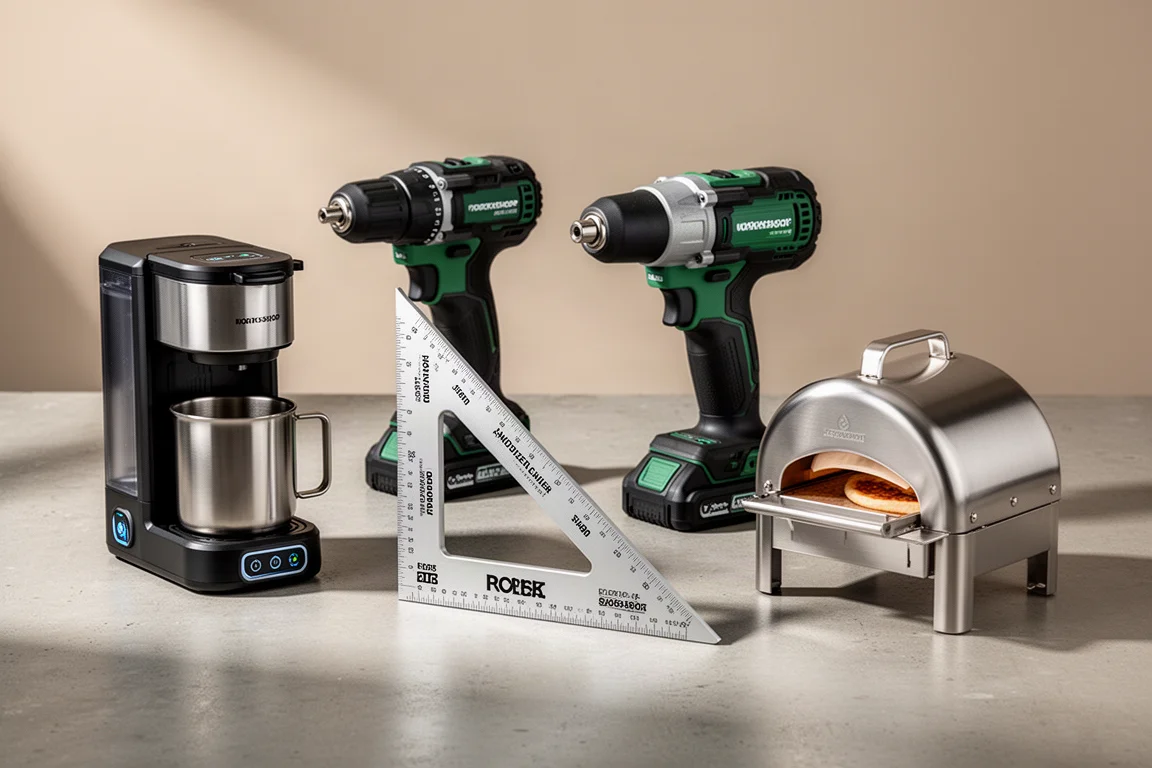 Five workshop products including a coffee maker, drill, square, impact driver, and pizza oven on concrete