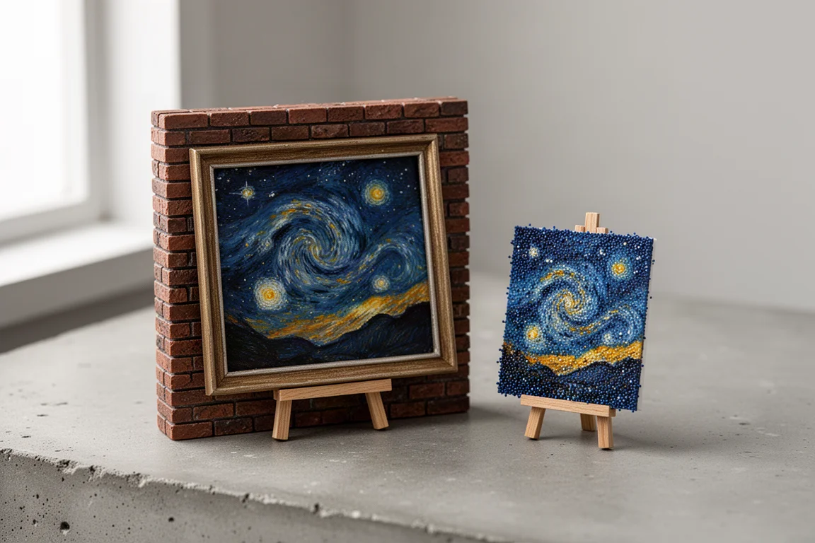 Large brick-built Starry Night art set beside a much smaller micro-particle version
