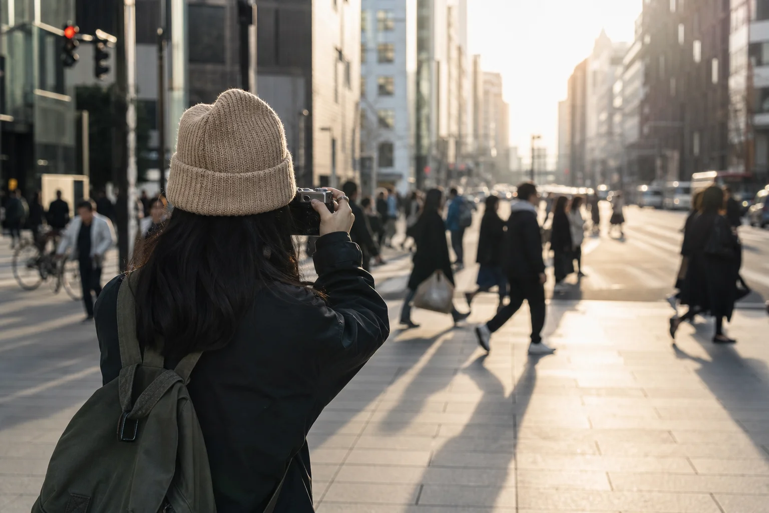 Street photographer composing a shot with a compact camera
