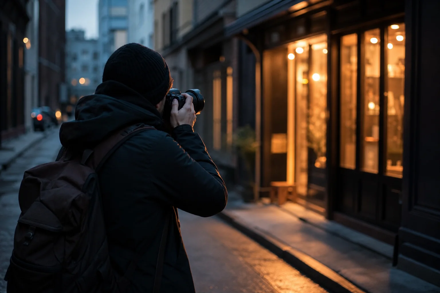 Photographer using a fast 50mm lens in low-light street photography
