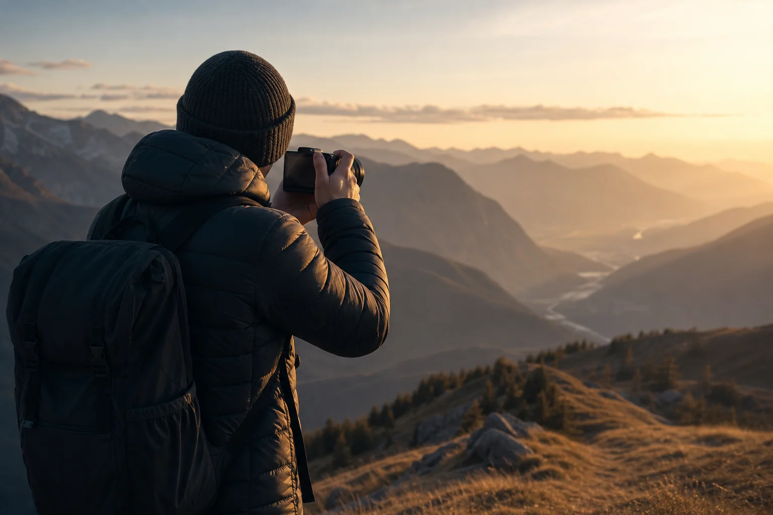 Photographer framing an ultra-wide landscape with a compact camera