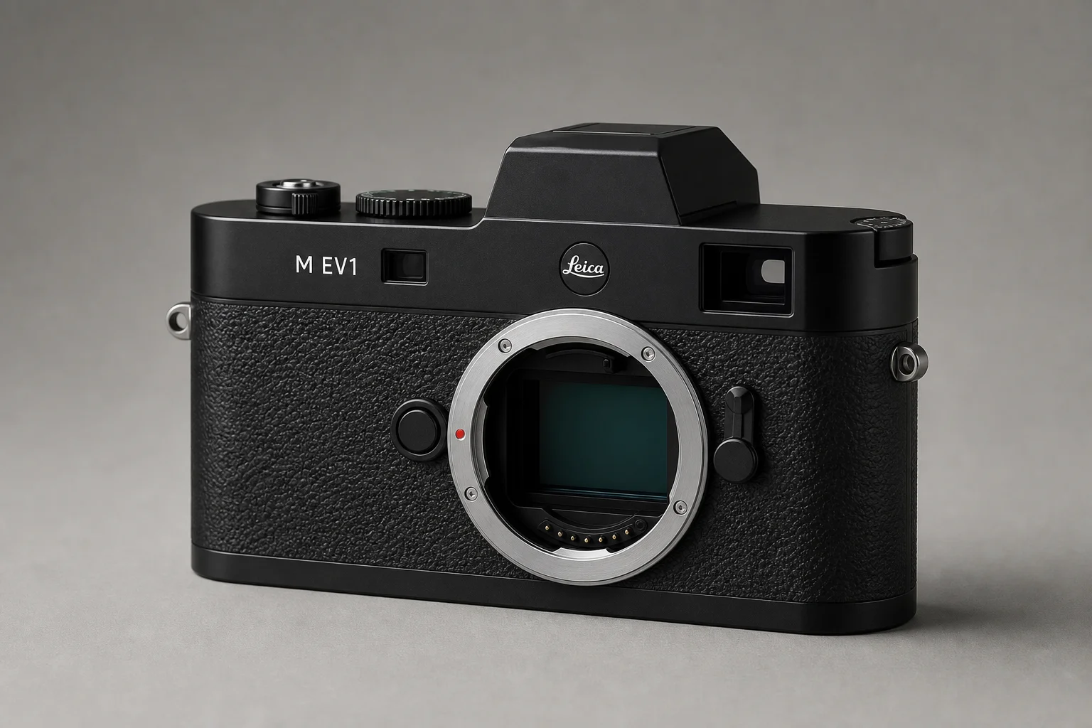 Leica M EV1 mirrorless camera on grey backdrop