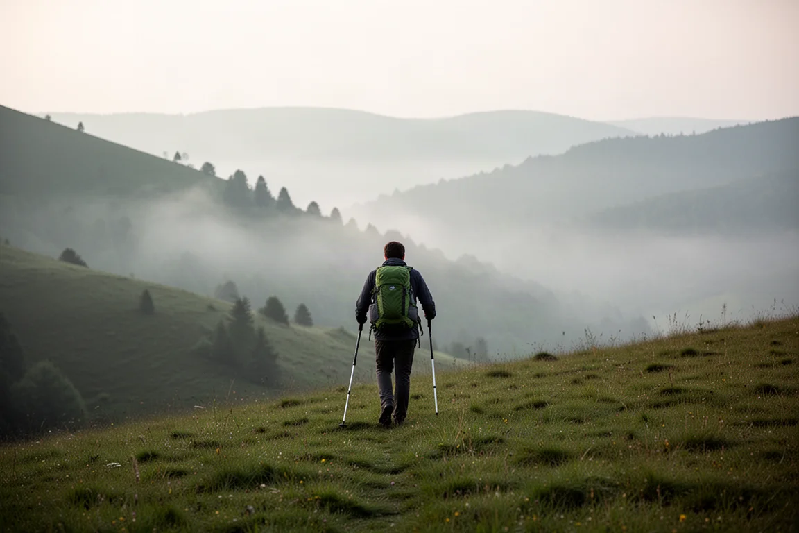 Randonneur gravissant une colline herbeuse avec deux bâtons de trekking et une vallée brumeuse au loin