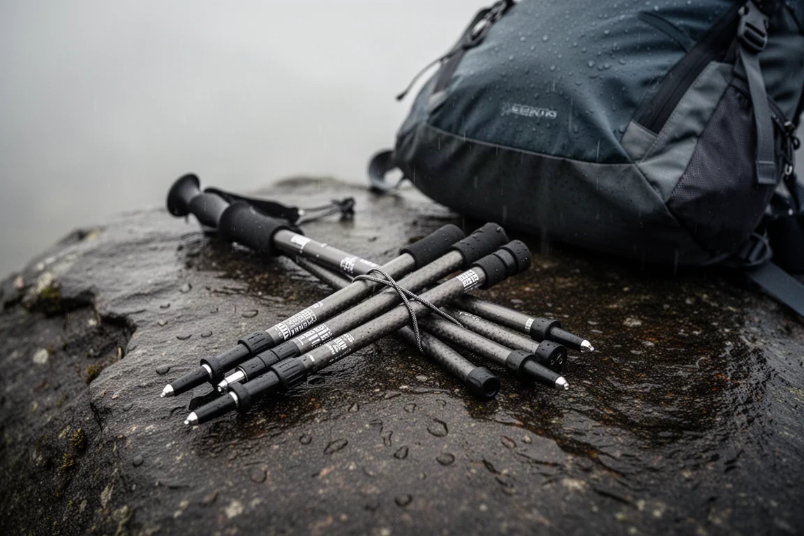Segments de bâton de trekking pliable repliés sur roche humide à côté d'un petit sac à dos