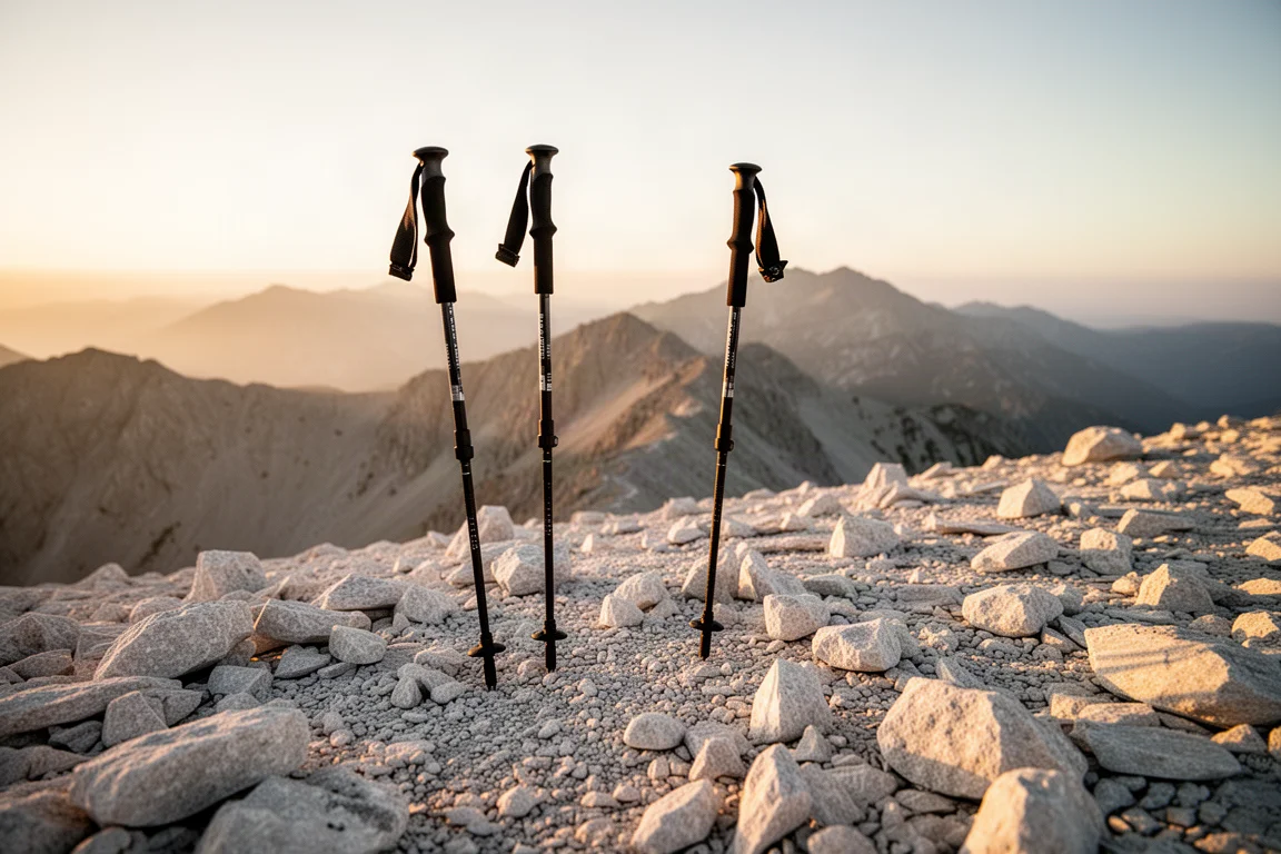 Deux bâtons de trekking plantés dans les pierriers sur une crête à l'heure dorée