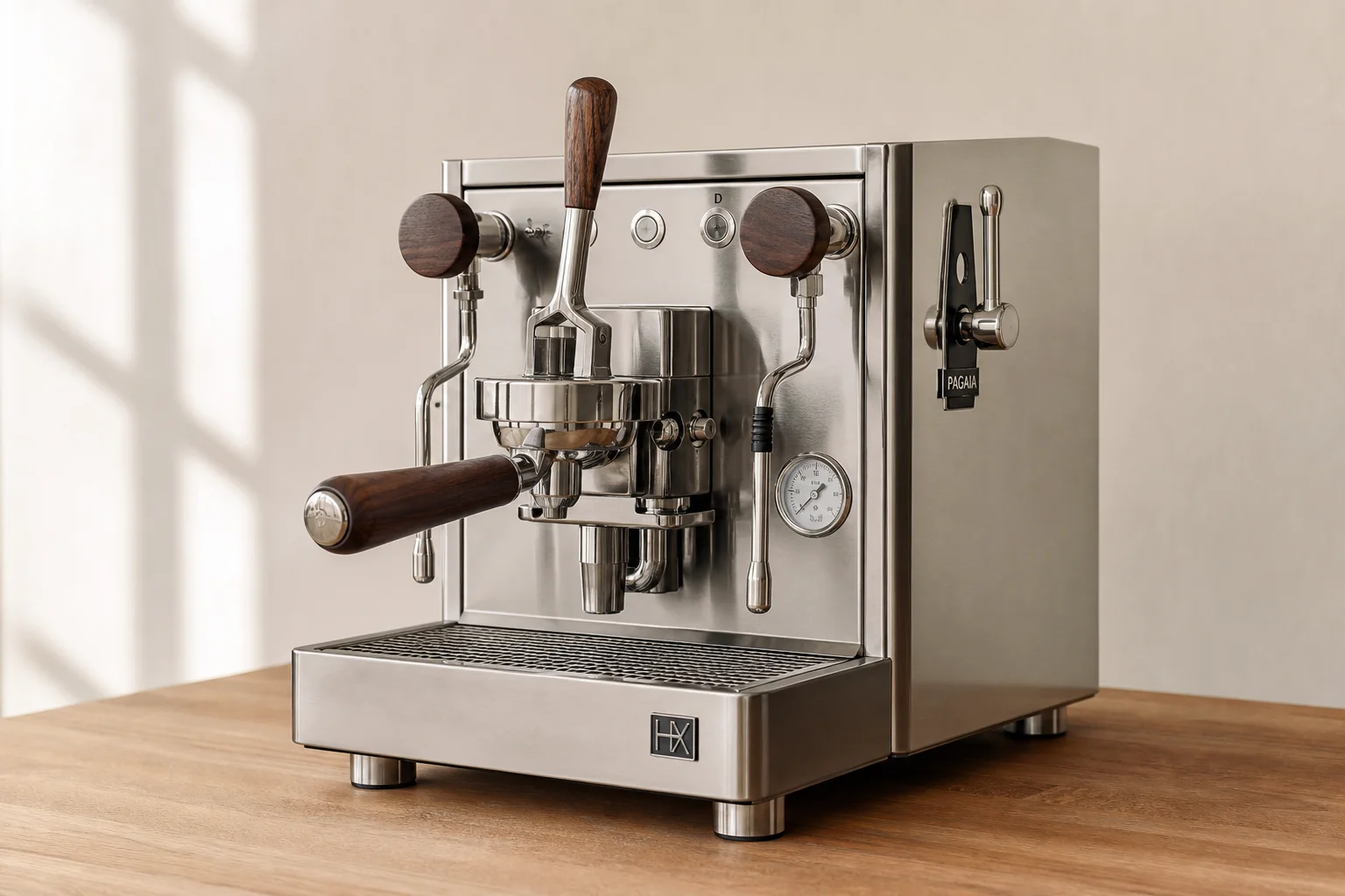 Vier Espresso-Maschinen auf neutralem Hintergrund: Rocket R58 Tune, ECM Estetika, ECM Discover und Lelit Mara X3
