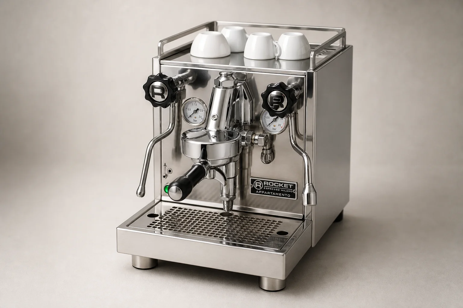 Six espresso machines arranged on concrete surface showing different designs and sizes