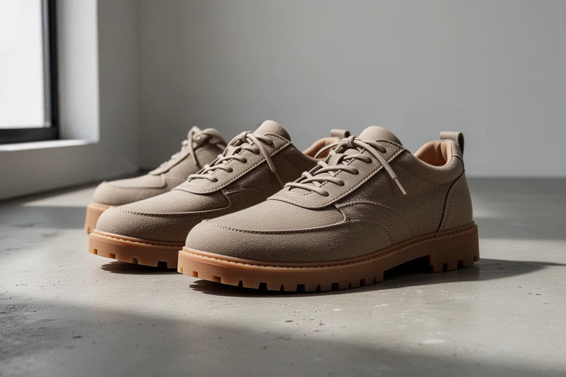 Pair of hybrid minimalist travel shoes with wide toe box on concrete surface