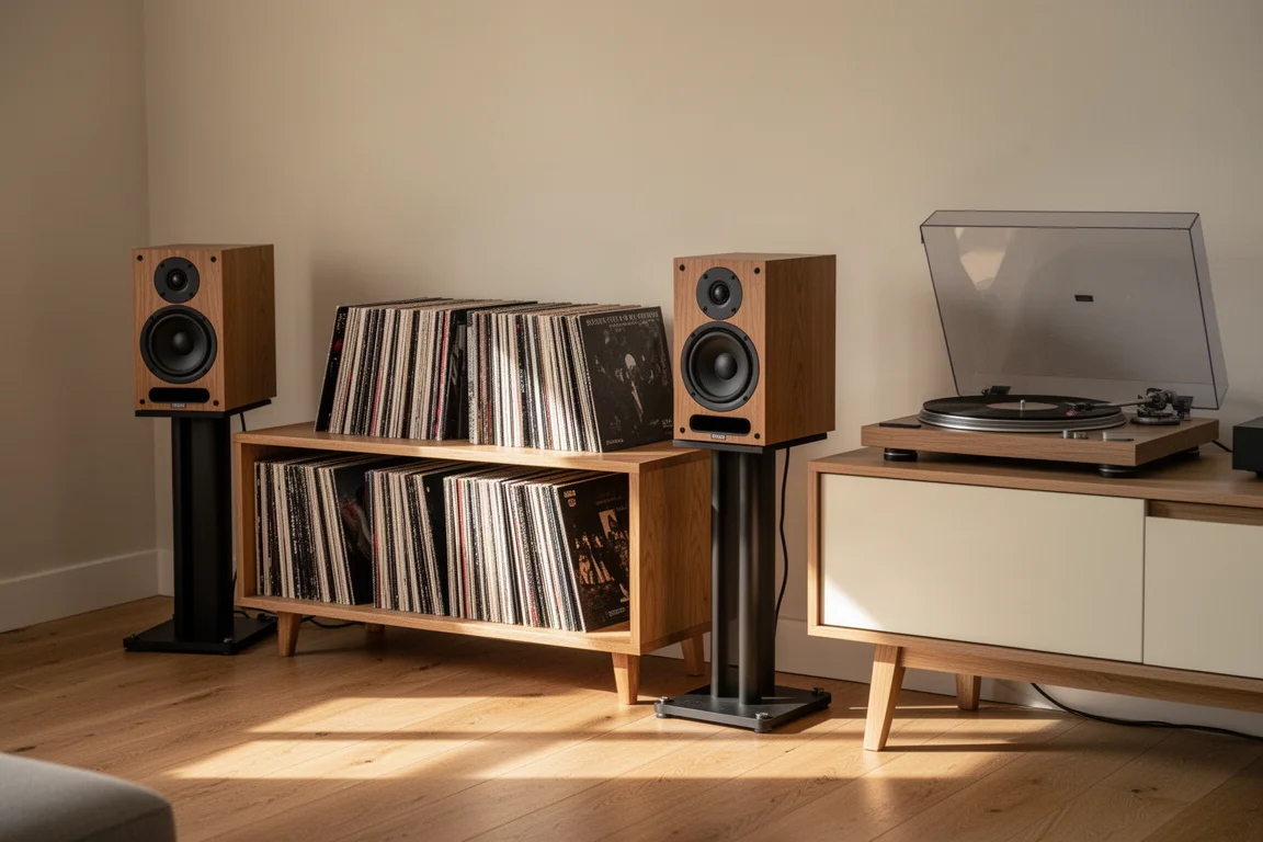 Canto de sala de estar com prateleira de discos de vinil e caixas acústicas ativas