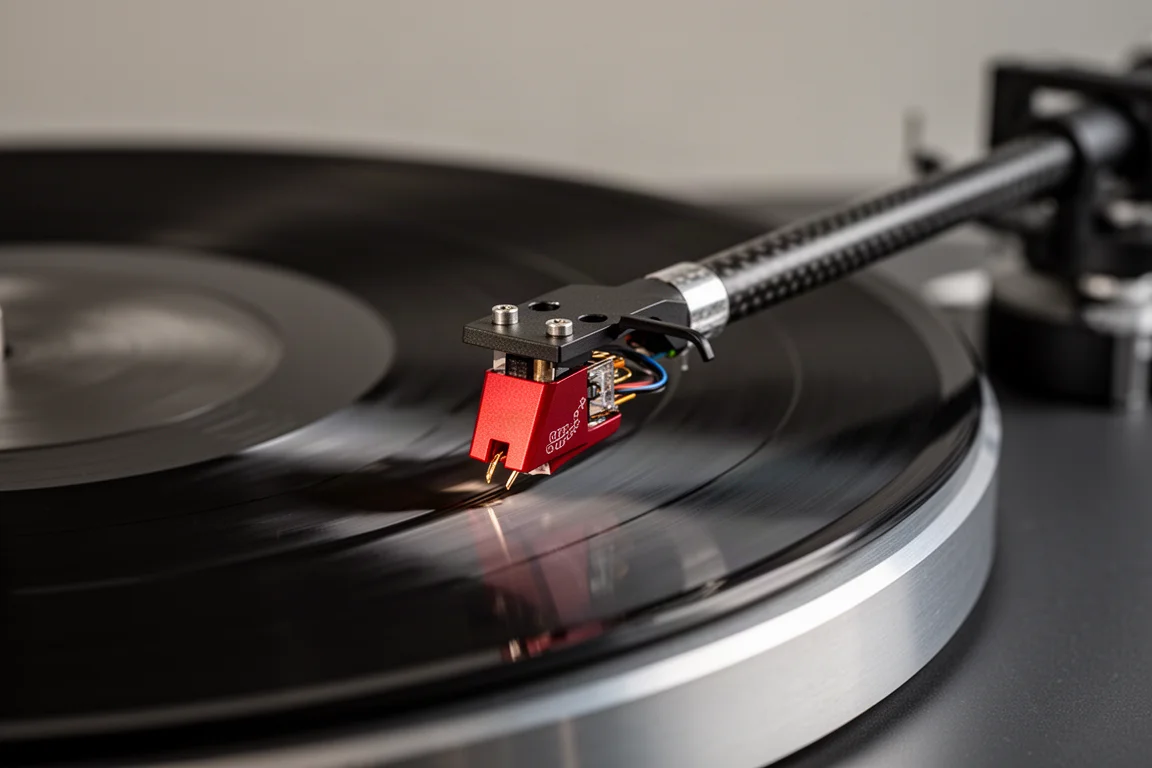 Close-up de um braço de toca-discos e agulha vermelha acompanhando um disco de vinil girando