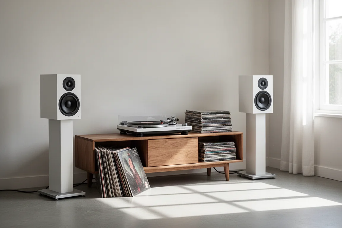 Setup de audição hi-fi com toca-discos, duas caixas e uma pilha de discos de vinil