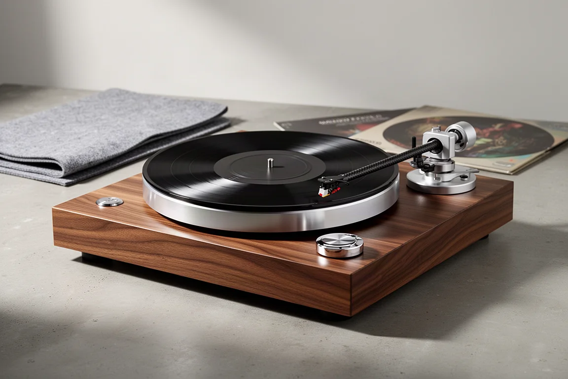 Walnut veneer belt-drive turntable with carbon tonearm and vinyl record on concrete