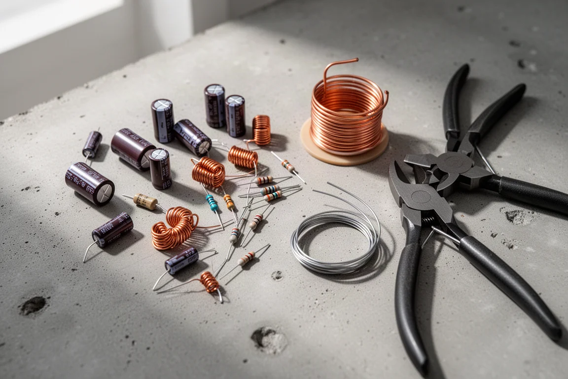 Overhead flat lay of crossover components, solder spool and small hand tools on a concrete workbench