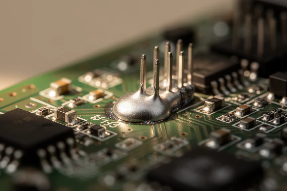 Macro view of a shiny solder joint on a circuit board under warm workshop light