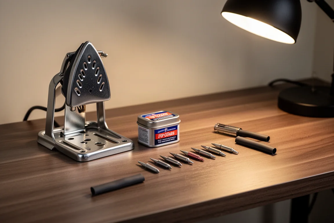 Tidy electronics workbench with soldering tools arranged under warm lamp light