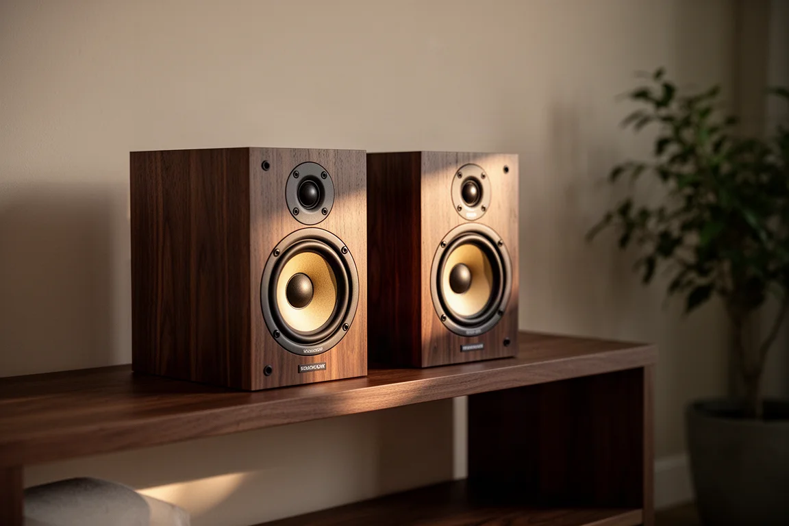 Pair of finished bookshelf speakers on a wooden shelf in warm evening light