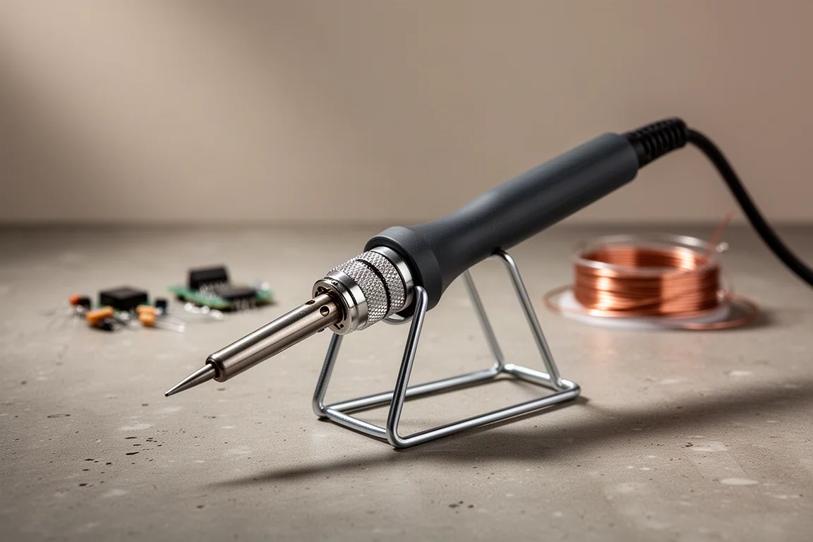 Compact adjustable soldering iron resting on a metal stand on a concrete workbench