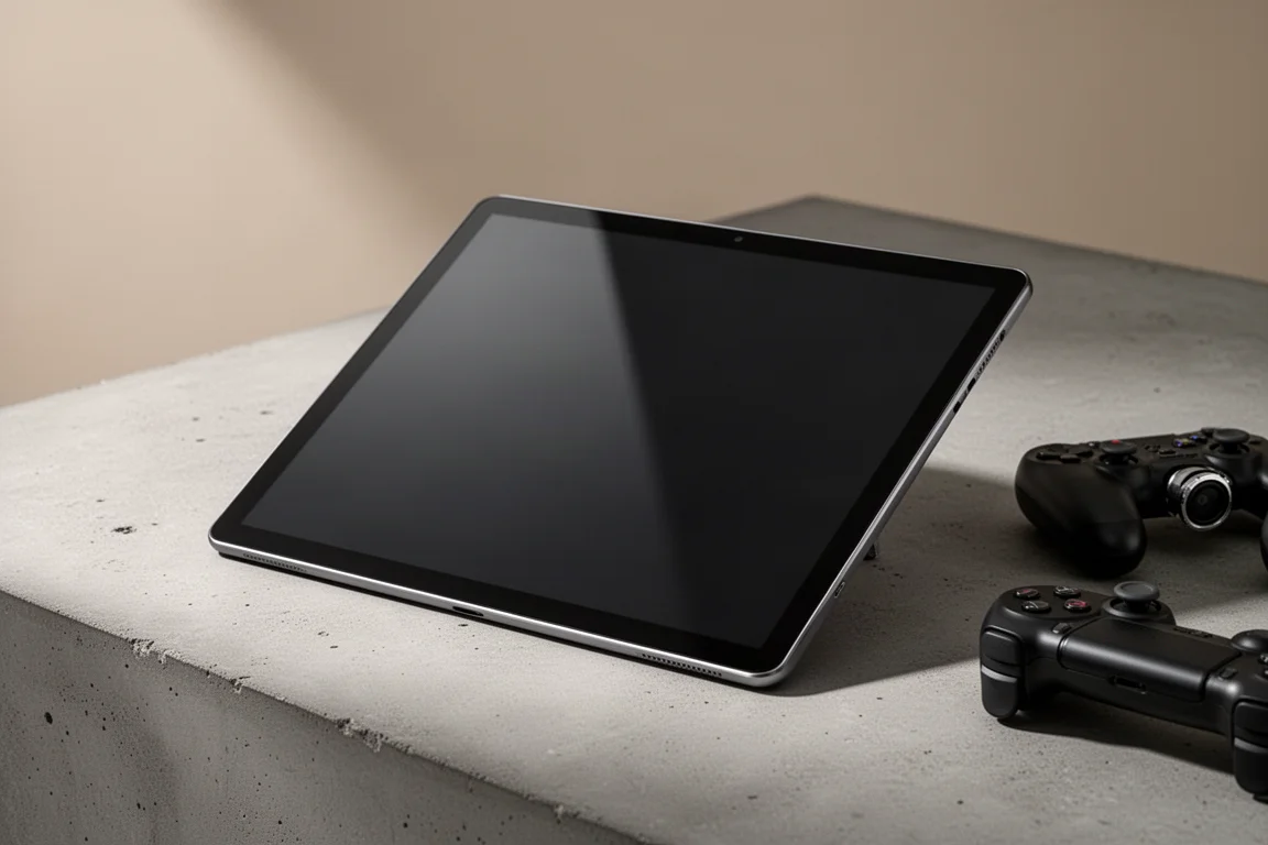 Lenovo Legion Tab 5 平板電腦搭配伸縮式遊戲控制器，置於水泥表面上