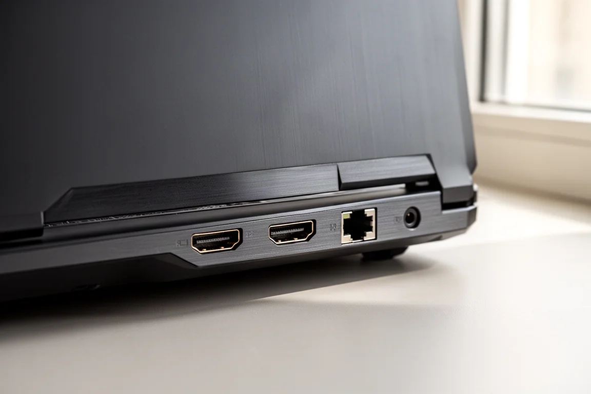 電競筆電背面視圖，顯示 HDMI、乙太網路與電源連接埠