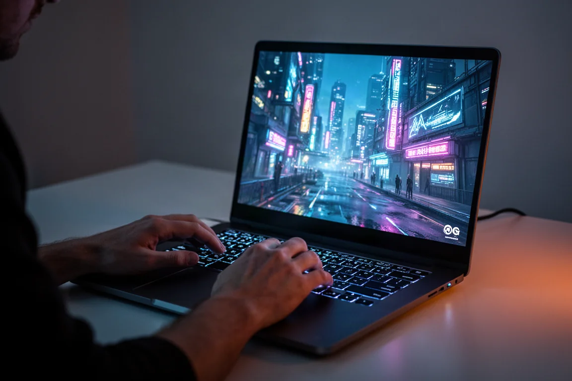 玩家在夜間快節奏遊戲中操作筆電鍵盤的手部特寫