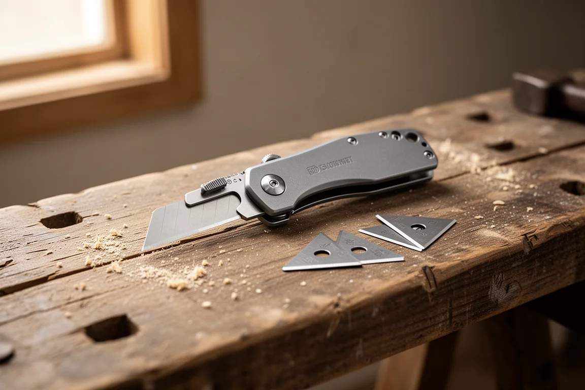 Folding utility knife half-open on a workbench with a utility blade beside it