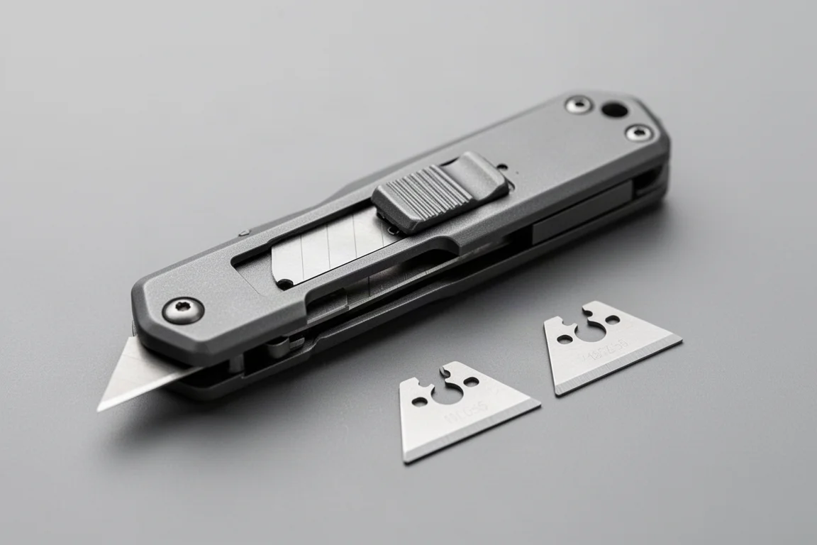 Hands opening the blade storage panel on the back of a folding utility knife