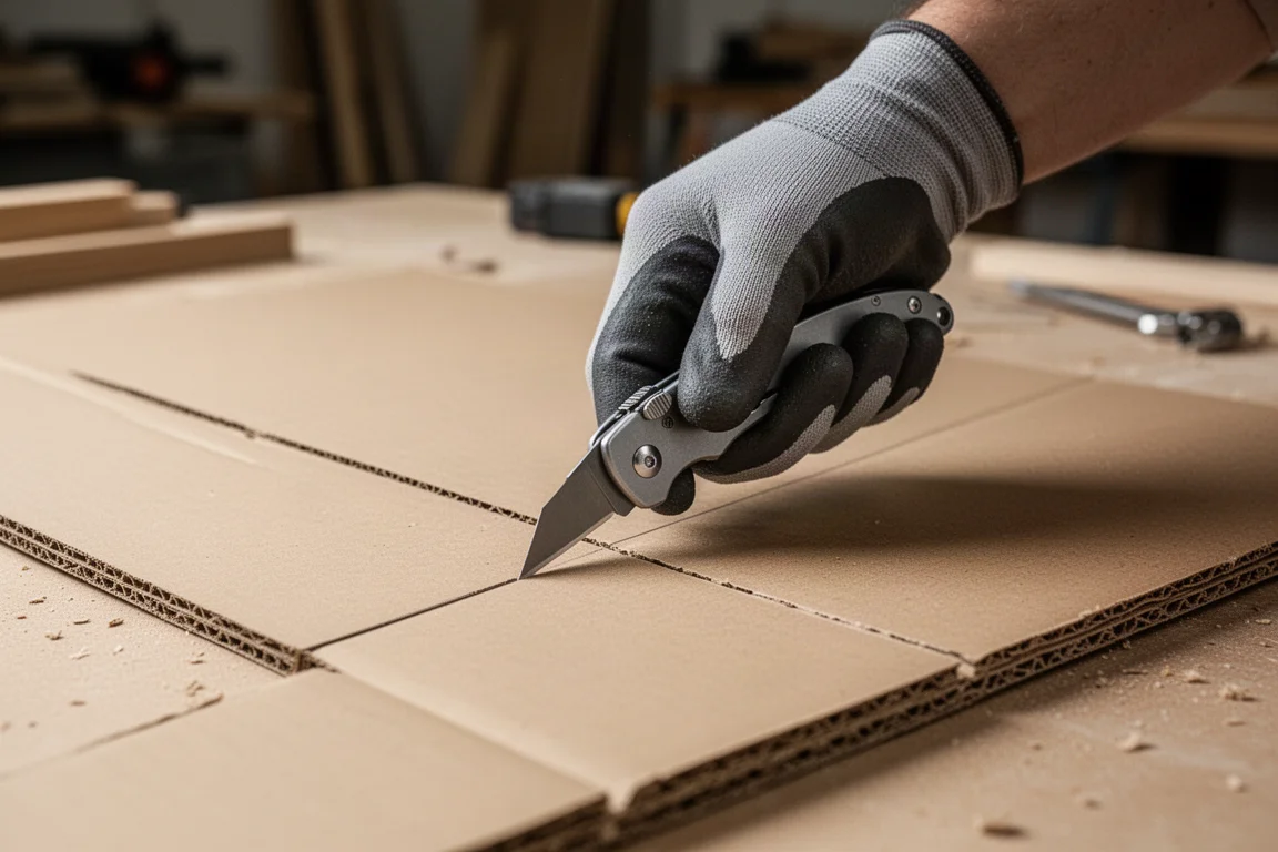Folding utility knife held in a gloved hand cutting cardboard on a jobsite table