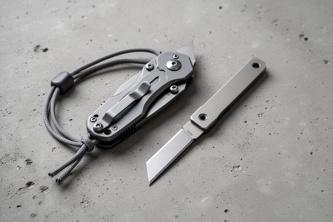 Compact folding utility knife with a lanyard laid on a concrete surface next to a small titanium EDC knife