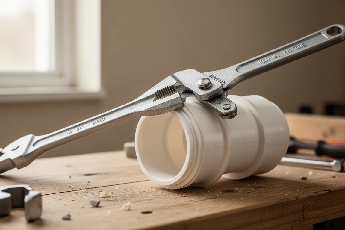 Pliers wrench with long jaws gripping a large plastic fitting on a workbench