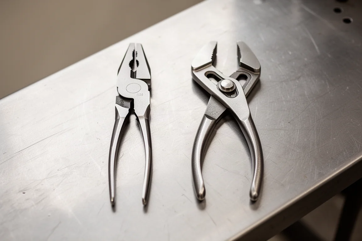 Two pliers wrenches side by side on a bench comparing jaw lengths