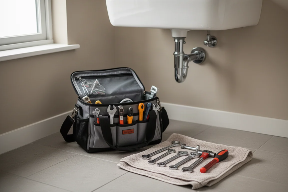 Tool bag under a bathroom sink with plumbing tools laid out