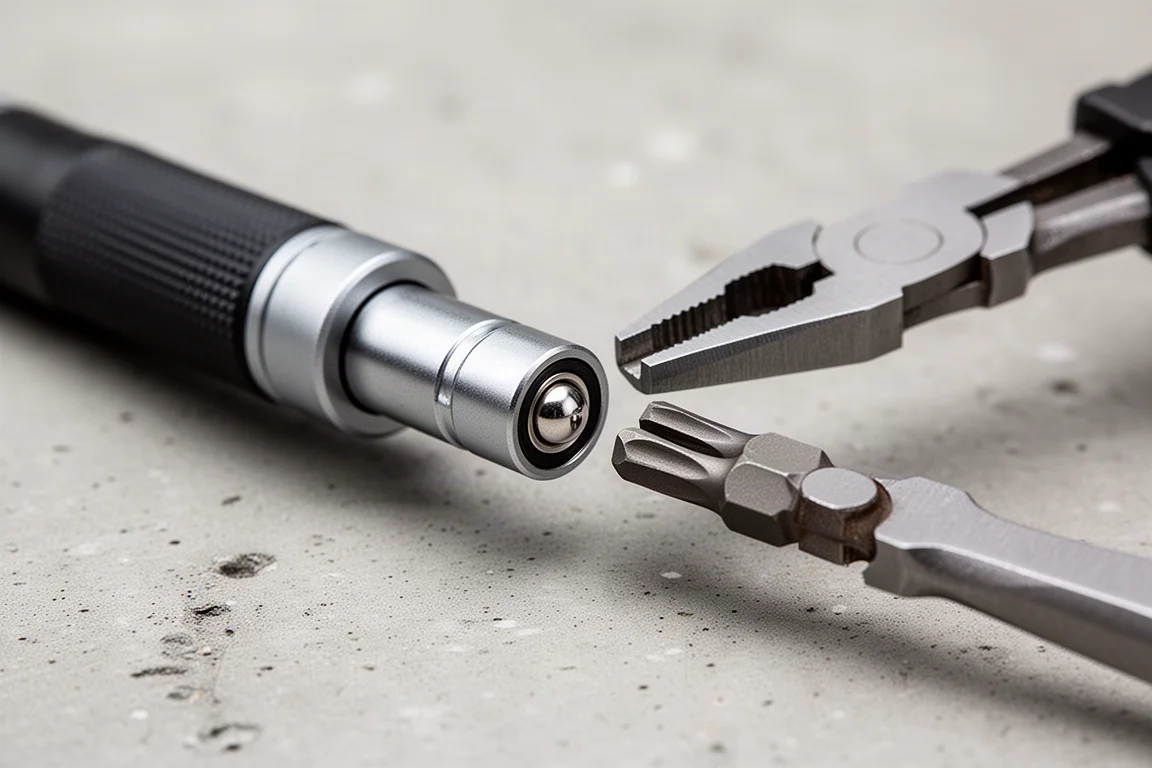 Magnetischer Bithalter wird mit einer Zange vom vorderen Ende eines Schraubendrehers gezogen