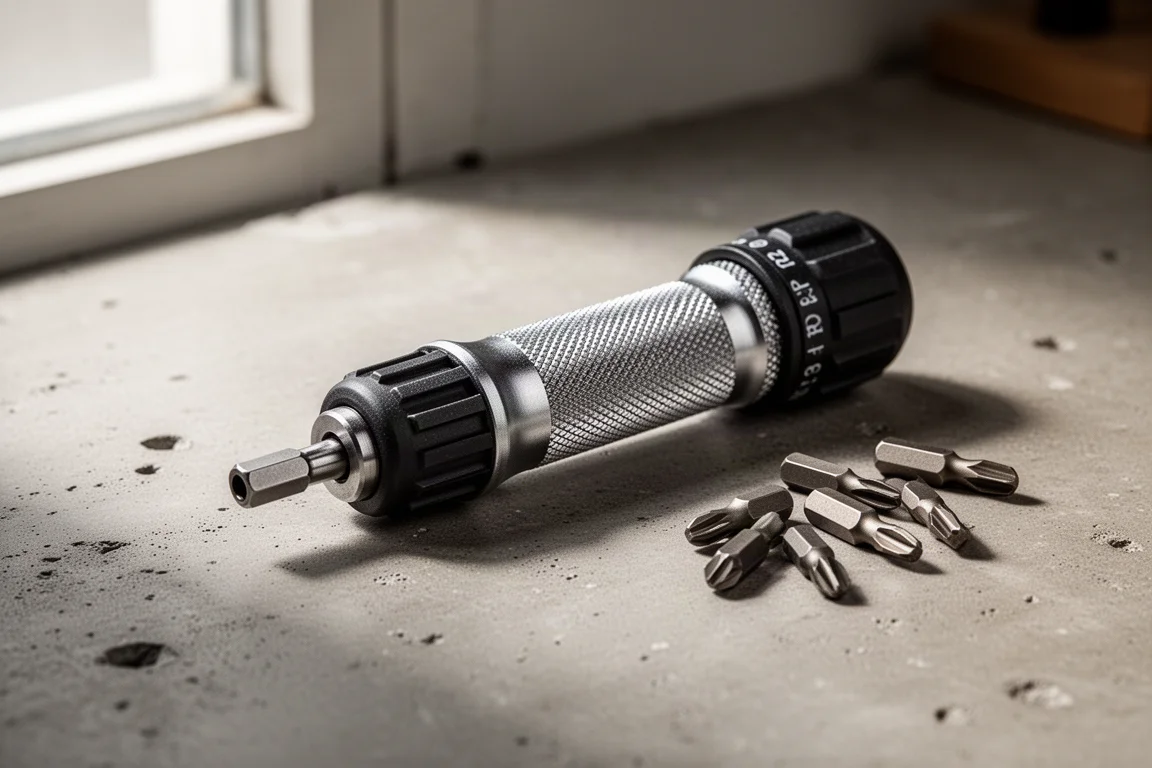 Compact ratcheting stubby screwdriver with bit carousel on a concrete workbench