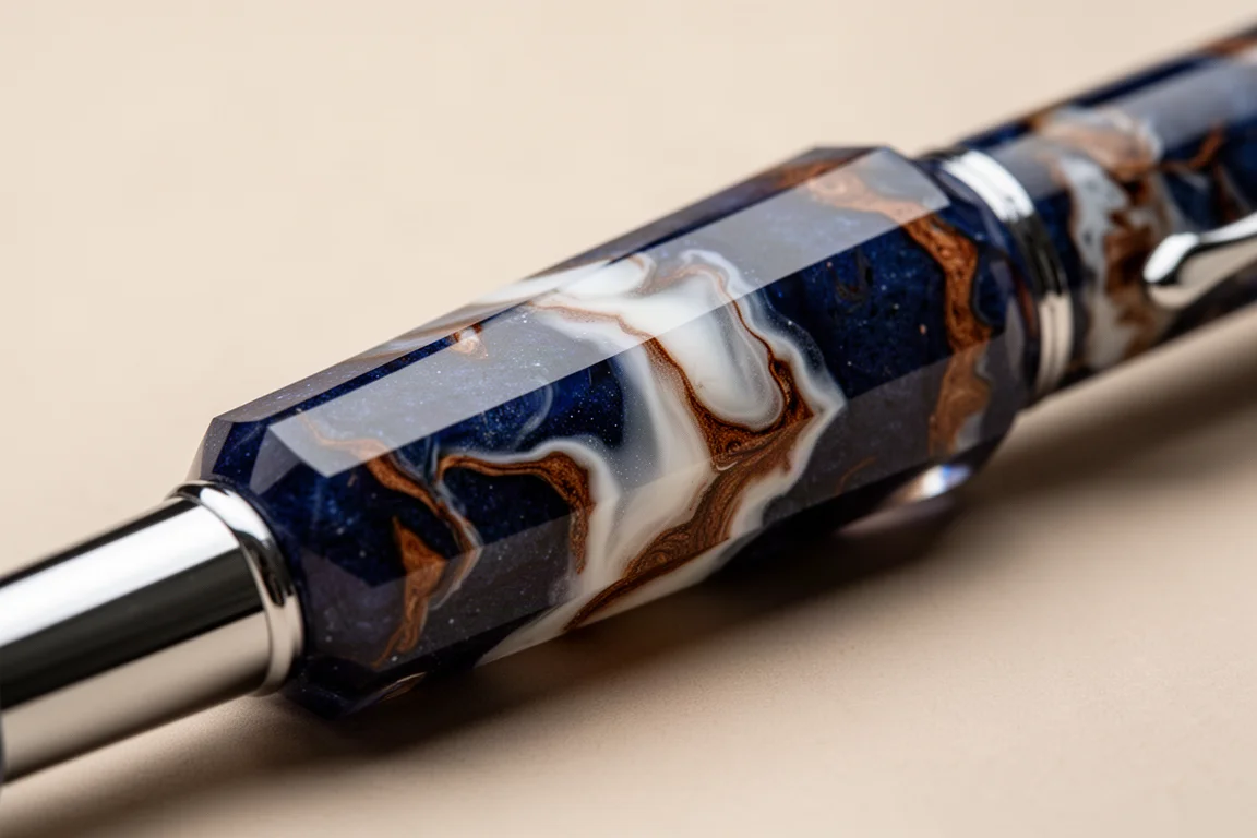 Close-up of faceted cap and barrel showing blue, white, and brown resin patterns
