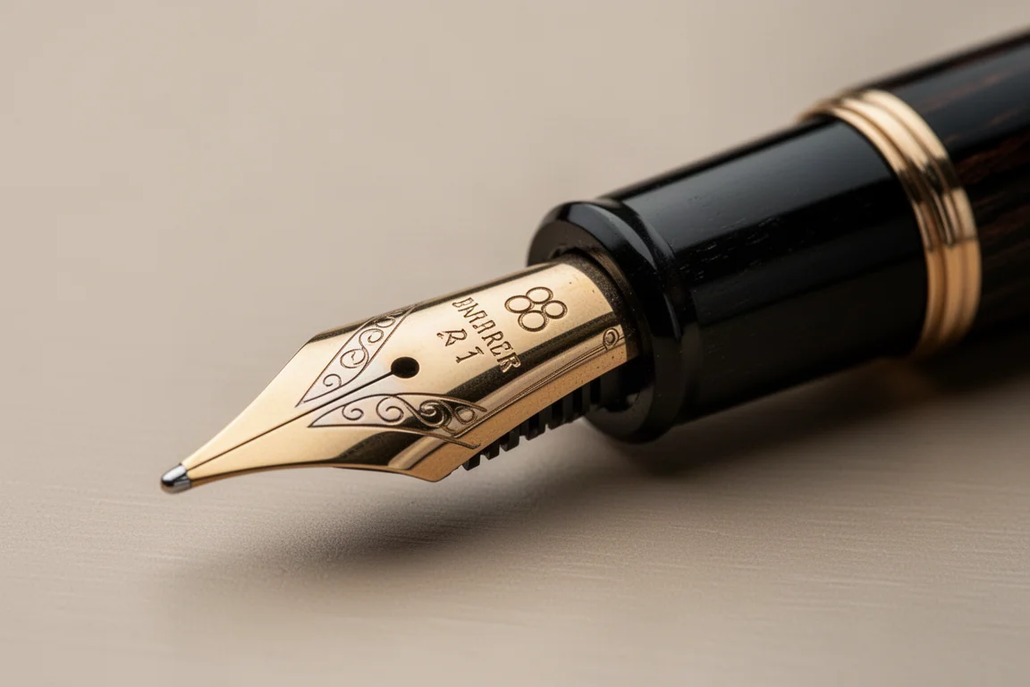 Large gold fountain pen nib with thick ebonite feed