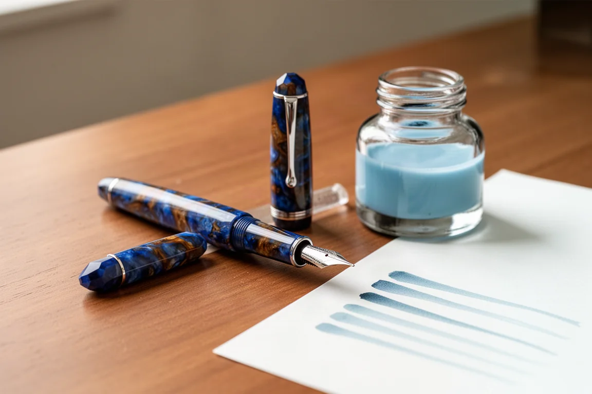 Faceted fountain pen lying beside a bottle of light blue ink on a desk