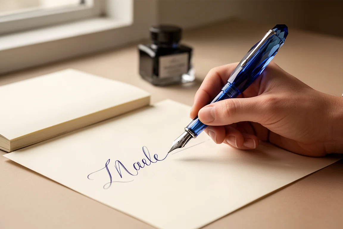 Hand writing with a large fountain pen on paper in soft daylight