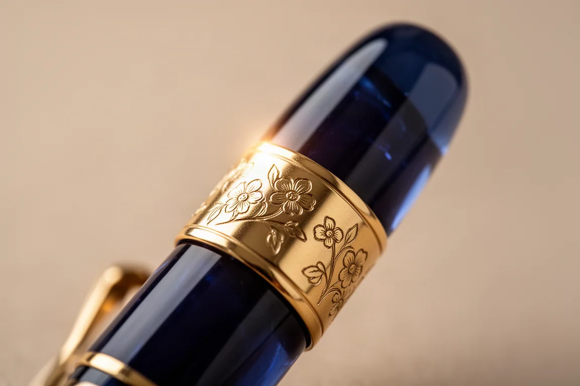 Anel da tampa de caneta-tinteiro com gravação floral em metal dourado