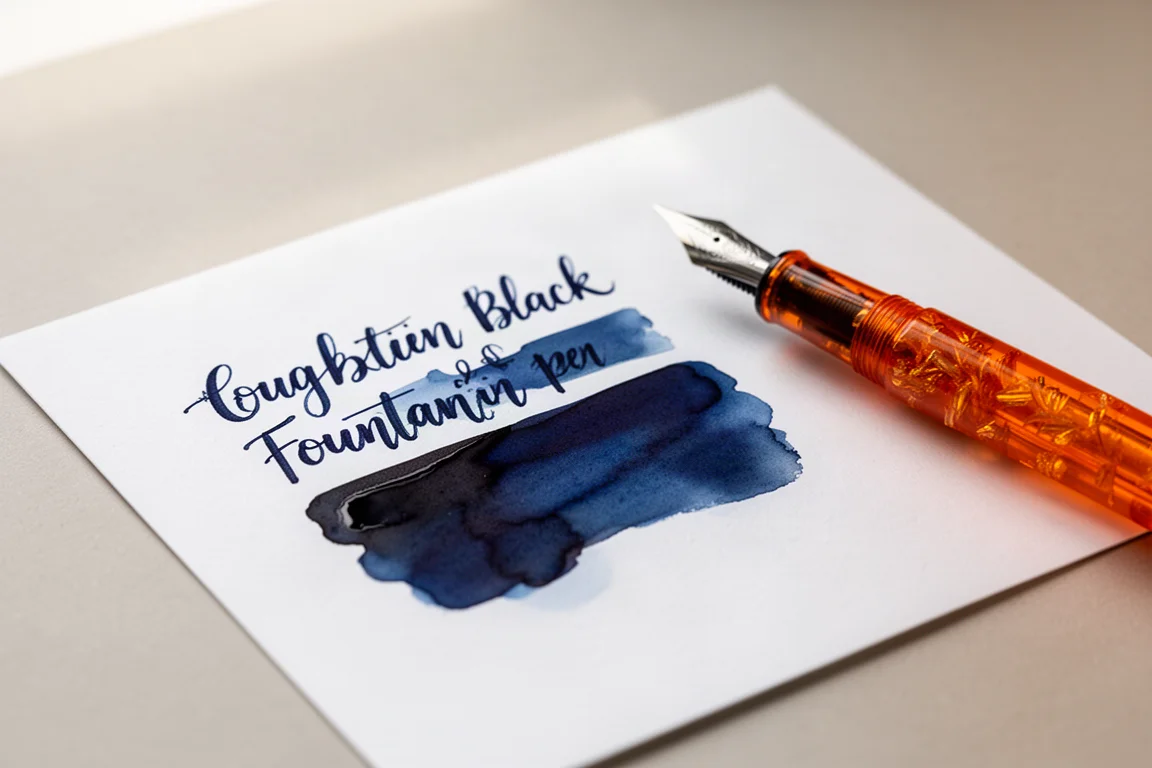 Amostra de escrita com tinta azul-preta de caneta-tinteiro em papel branco