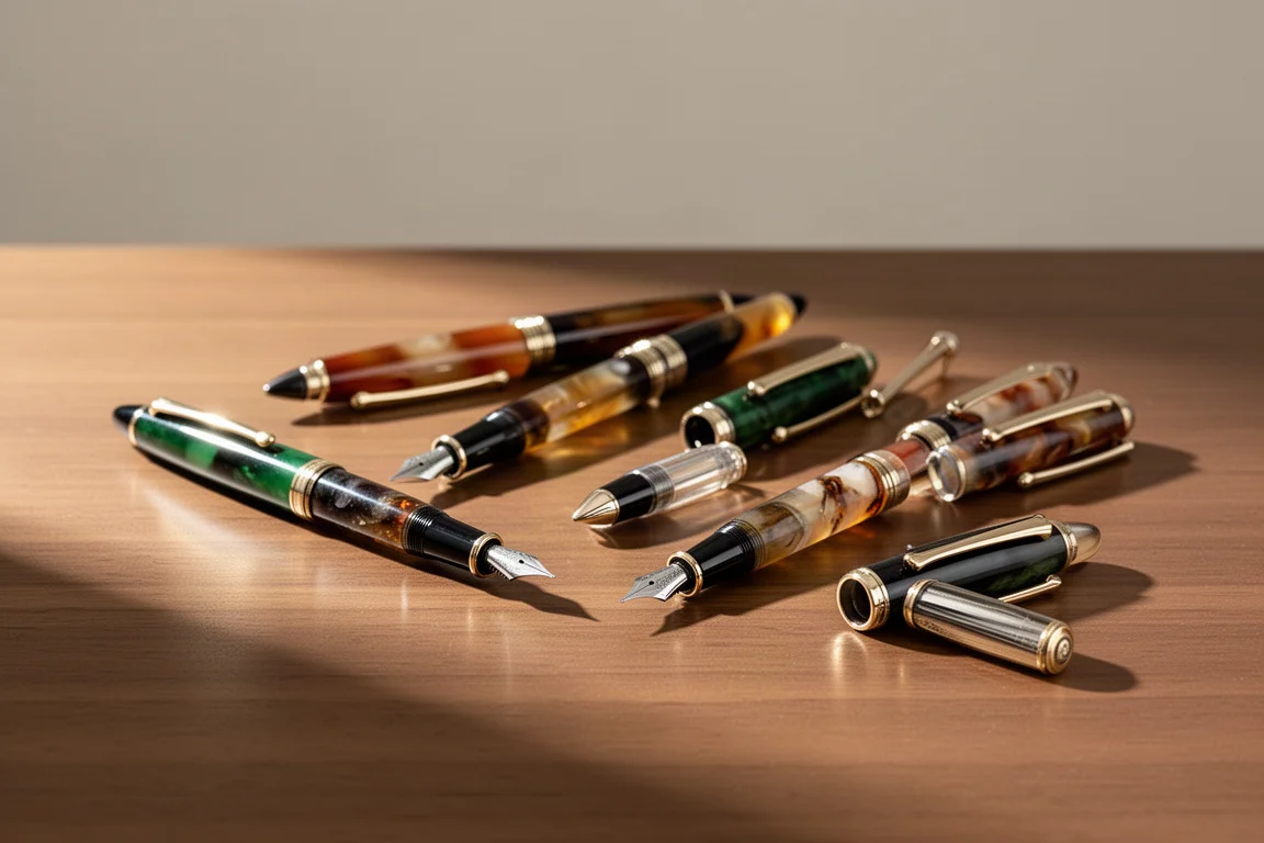 Coleção de canetas-tinteiro italianas organizadas juntas sobre uma mesa